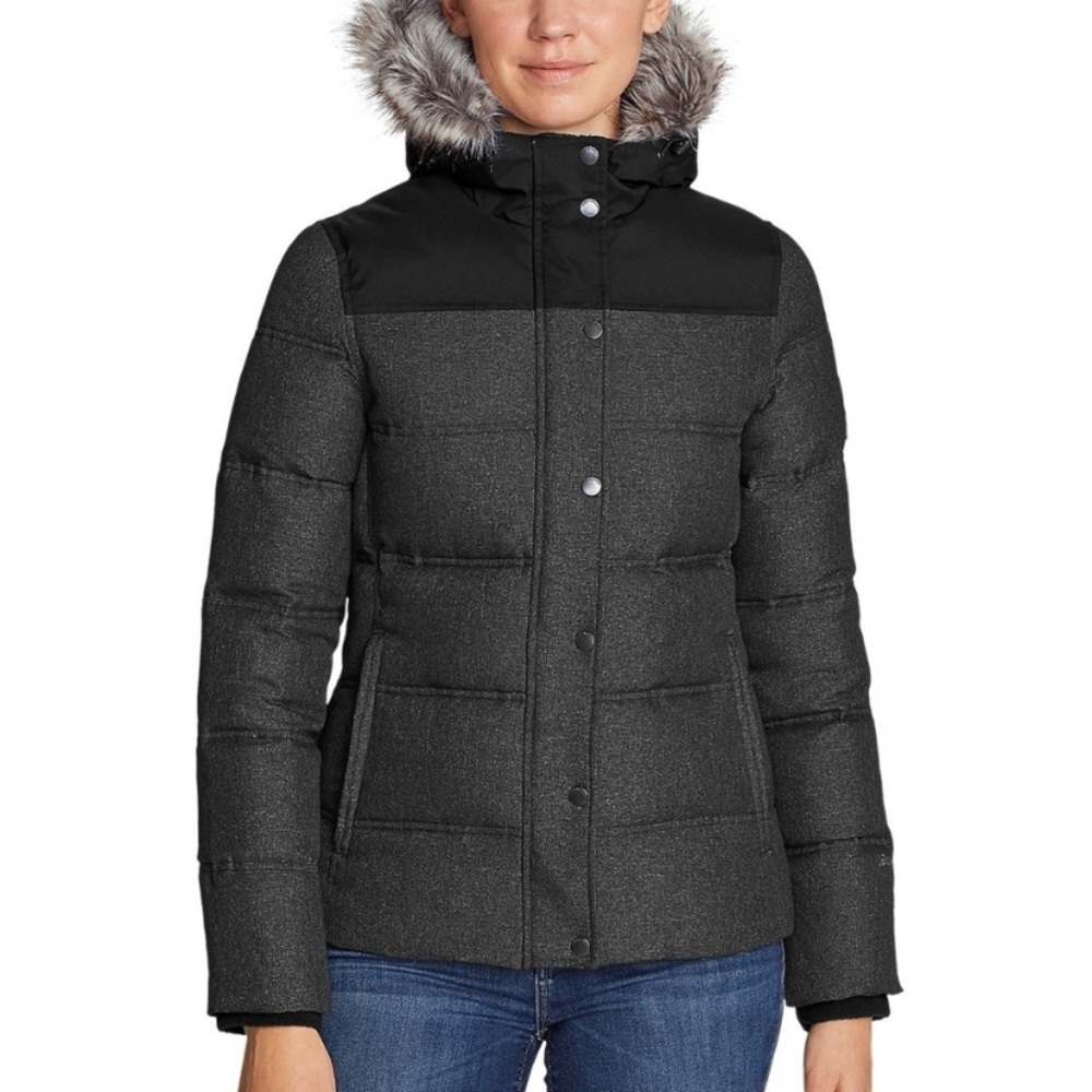 Eddie Bauer Black and Dark Gray Quilted Hooded Puffer Coat with Faux Fur Trim